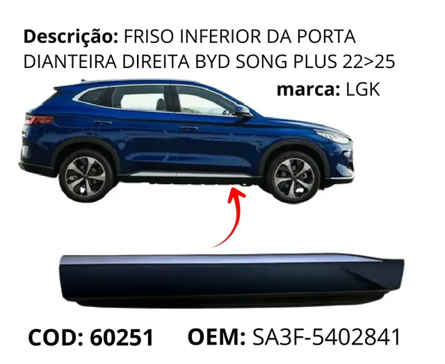 Friso Inferior da Porta Dianteira Direita original para BYD Song Plus DM-i, AutoVoltz