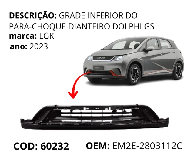 Grade Inferior do Para-choque Dianteiro Dolphin original para BYD Dolphin GS/Plus, AutoVoltz