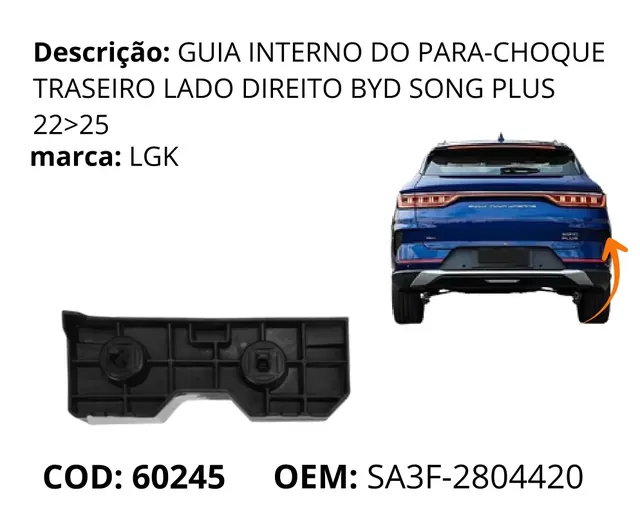 Guia Interno do Para-choque Traseiro Lado Direito original para BYD Song Plus DM-i, AutoVoltz
