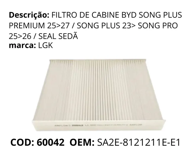 Filtro de Cabine original para BYD Song Plus DM-i, AutoVoltz