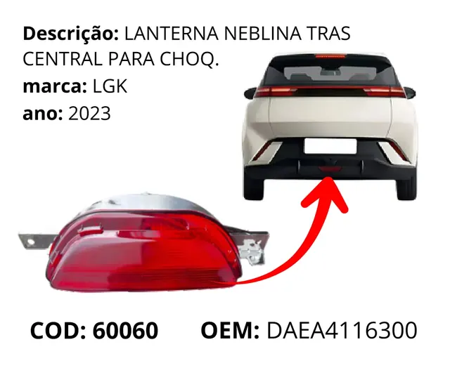 Lanterna Neblina Traseira Central Para-choque original para BYD Dolphin Mini, AutoVoltz