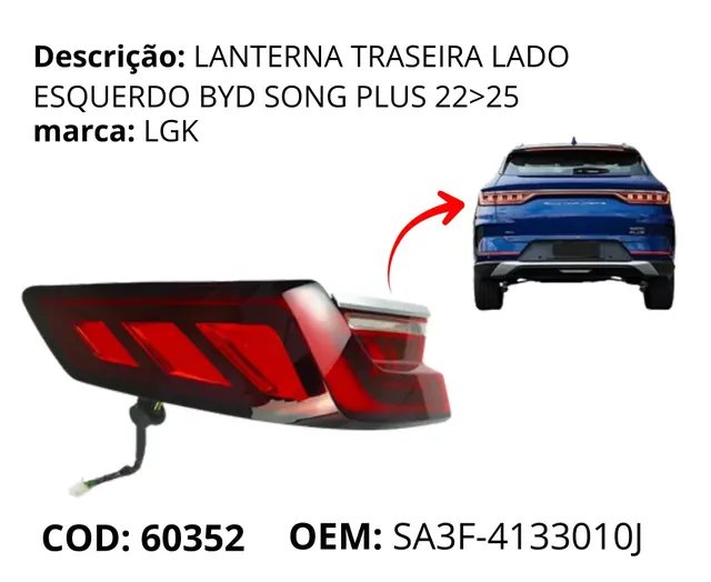 Lanterna Traseira Lado Esquerdo original para BYD Song Plus DM-i, AutoVoltz