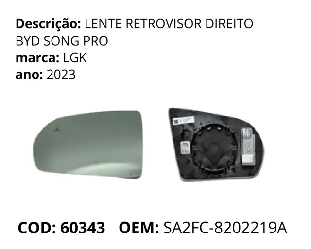 Lente Retrovisor Direito original para BYD Song Pro, AutoVoltz