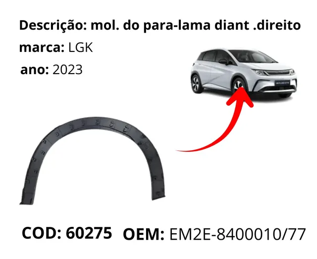Moldura do Para-lama Dianteiro Direito original para BYD Dolphin GS/Plus, AutoVoltz