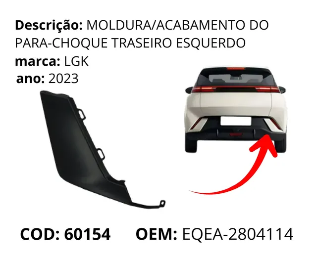 Moldura/Acabamento do Para-choque Traseiro Esquerdo original para BYD Dolphin Mini, AutoVoltz
