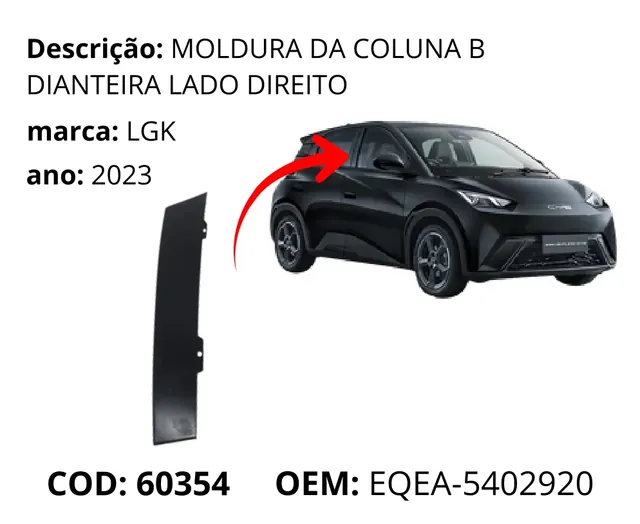 Moldura da Coluna B Dianteira Lado Direito original para BYD Dolphin Mini, AutoVoltz