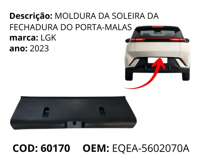 Moldura da Soleira da Fechadurado Porta-malas original para BYD Dolphin Mini, AutoVoltz