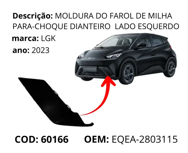 Moldura do Farol de Milha Para-choque Dianteiro Lado Esquerdo original para BYD Dolphin Mini, AutoVoltz