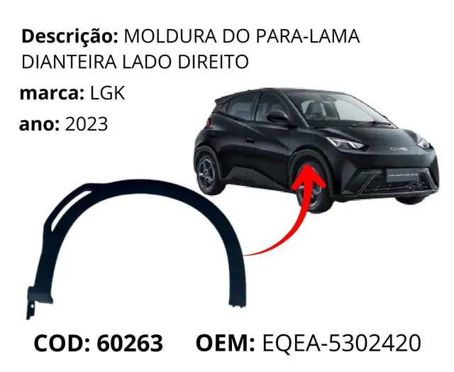 Moldura do Para-lama Dianteira Lado Direito original para BYD Dolphin Mini, AutoVoltz