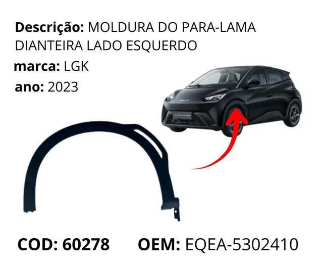 Moldura do Para-lama Dianteira Lado Esquerdo original para BYD Dolphin Mini, AutoVoltz