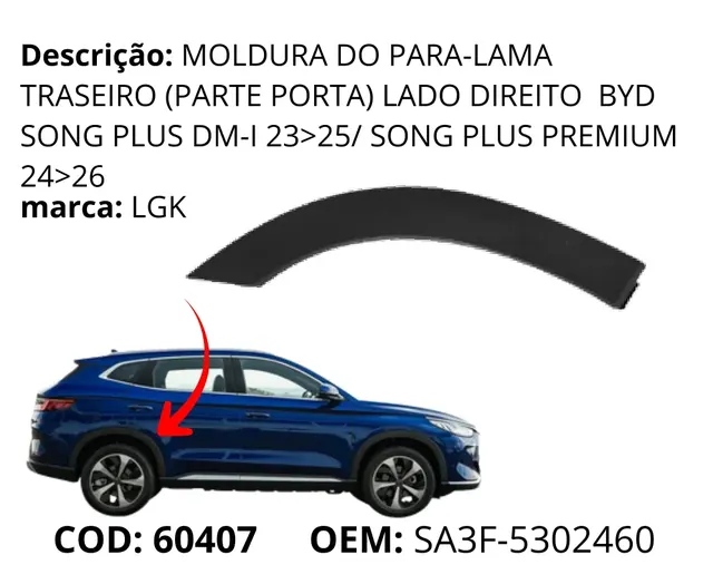 Moldura do Para-lama Traseiro (Parte Porta) Lado Direito original para BYD Song Plus DM-i, AutoVoltz