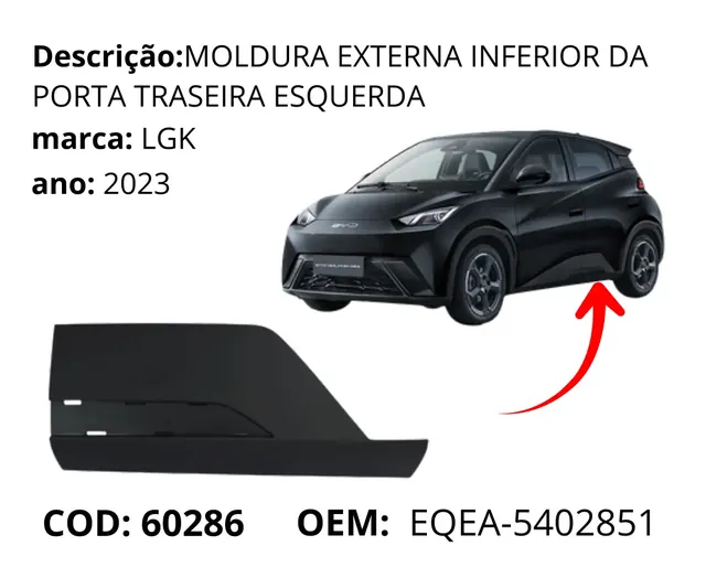Moldura Externa Inferior da Porta Traseira Esquerda original para BYD Dolphin Mini, AutoVoltz
