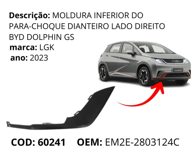 Moldura Inferior do Para-choque Dianteiro Lado Direito Dolphin GS original para BYD Dolphin GS/Plus, AutoVoltz