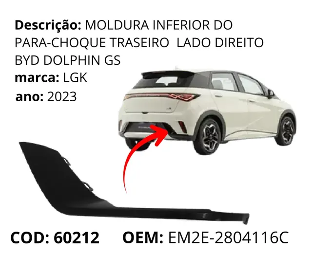 Moldura Inferior do Para-choque Traseiro Lado Direito Dolphin GS original para BYD Dolphin GS/Plus, AutoVoltz