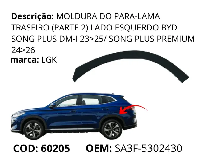 Moldura do Para-lama original para BYD Song Plus DM-i, AutoVoltz