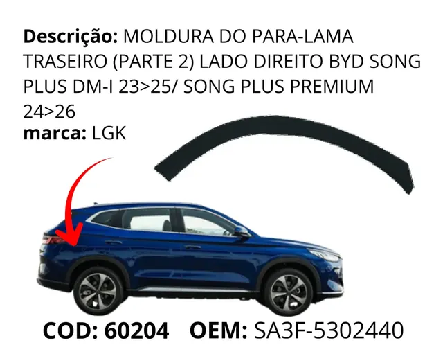 Moldura do Para-lama Traseiro (Parte 2) Lado Direito original para BYD Song Plus DM-i, AutoVoltz