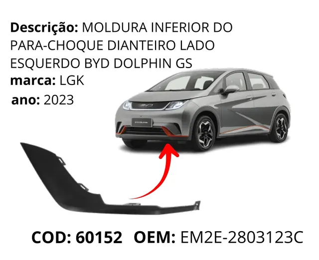 Moldura Inferior do Para-choque Dianteiro Lado Esquerdo Dolphin GS original para BYD Dolphin GS/Plus, AutoVoltz