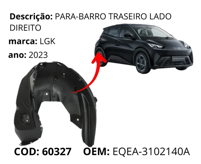 Para-barro Traseiro Lado Direito original para BYD Dolphin Mini, AutoVoltz
