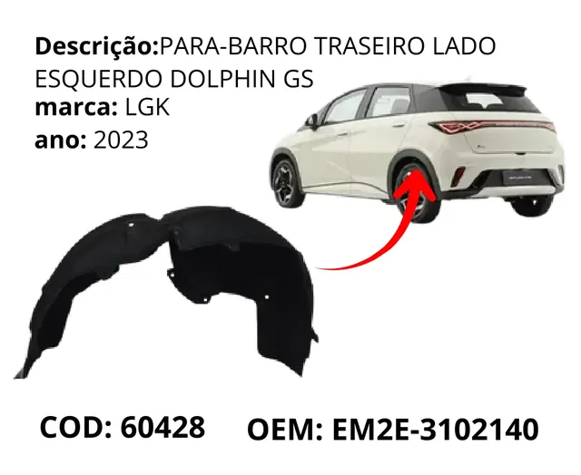 Para-barro Traseiro Lado Esquerdo original para BYD Dolphin GS/Plus, AutoVoltz
