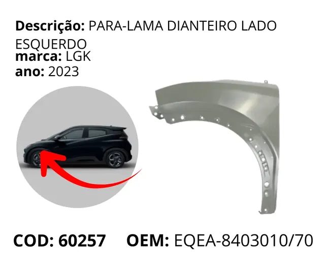 Para-lama Dianteiro Lado Esquerdo original para BYD Dolphin Mini, AutoVoltz