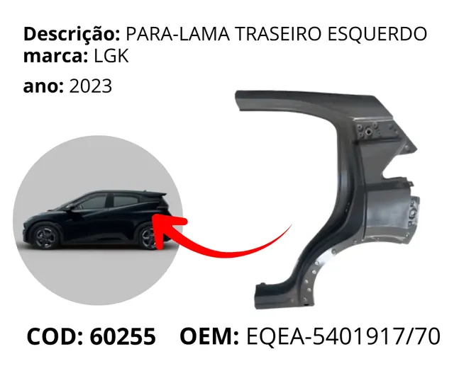 Para-lama Traseiro Esquerdo original para BYD Dolphin Mini, AutoVoltz