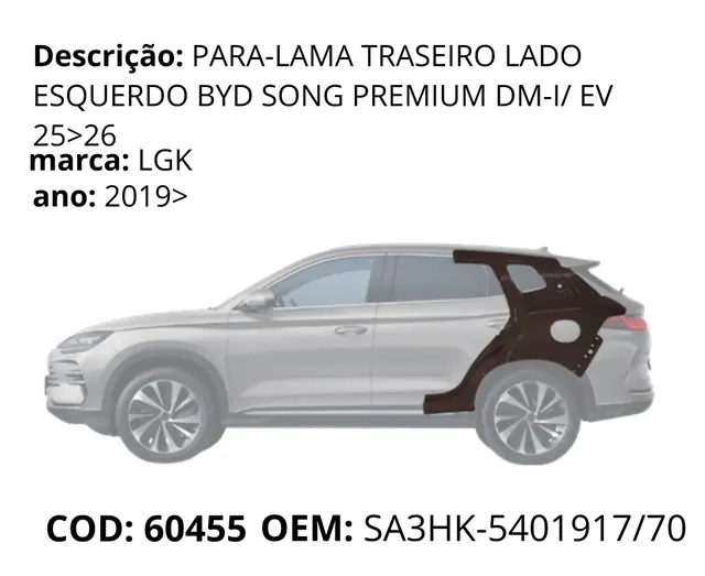 Para-lama Traseiro Lado Esquerdo original para BYD Song Plus Premium, AutoVoltz