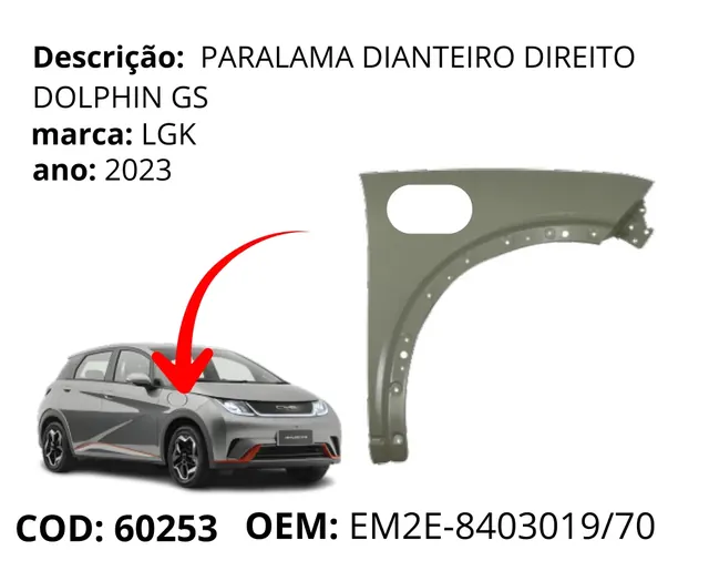 Para-lama Dianteiro Direito Dolphin GS original para BYD Dolphin GS/Plus, AutoVoltz