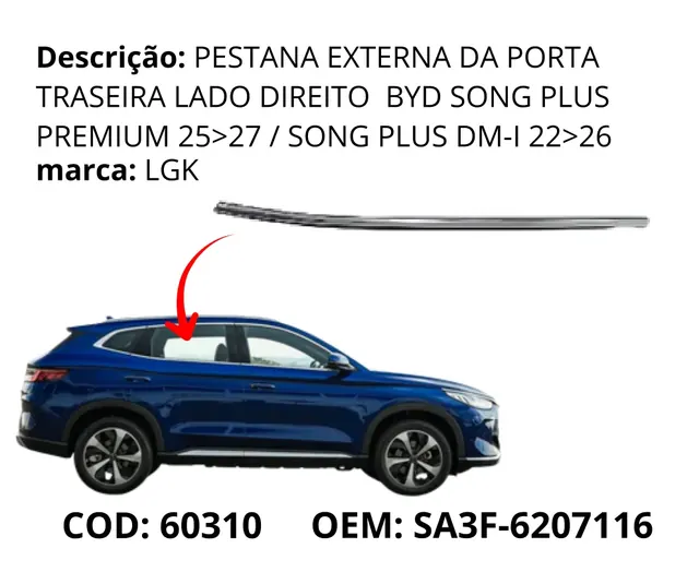 Pestana Externa da Porta Traseira Lado Direito original para BYD Song Plus DM-i, AutoVoltz