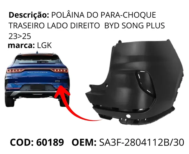 Polaina do Para-choque Traseiro Lado Direito original para BYD Song Plus DM-i, AutoVoltz