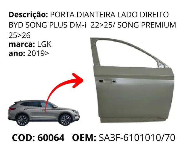 Porta Dianteira Lado Esquerdo original para BYD Song Plus Premium, AutoVoltz