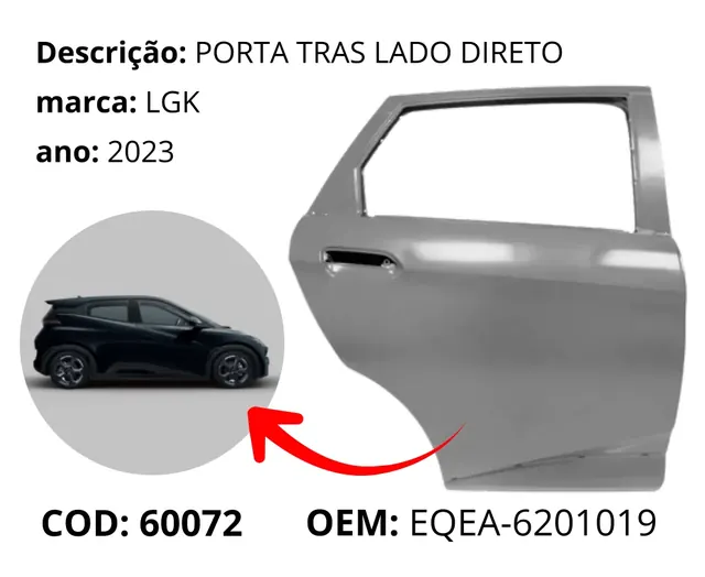 Porta Traseira Lado Direito original para BYD Dolphin Mini, AutoVoltz