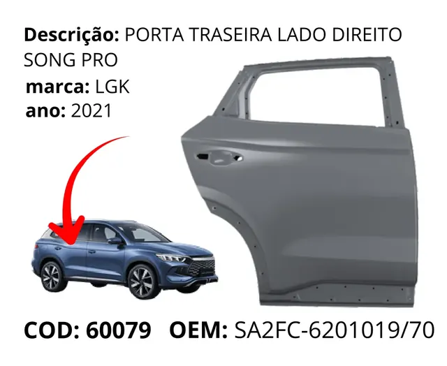 Porta Traseira Lado Direito original para BYD Song Pro, AutoVoltz