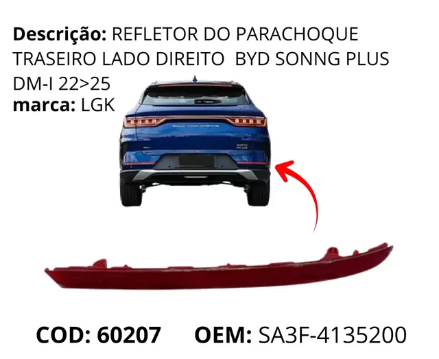 Refletor do Para-choque Traseiro Lado Esquerdo original para BYD Song Plus DM-i, AutoVoltz
